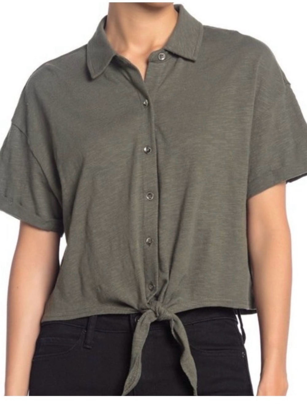 Splendid Roma Olive Green Tie-Front Short-Sleeve Button-Down Shirt size medium